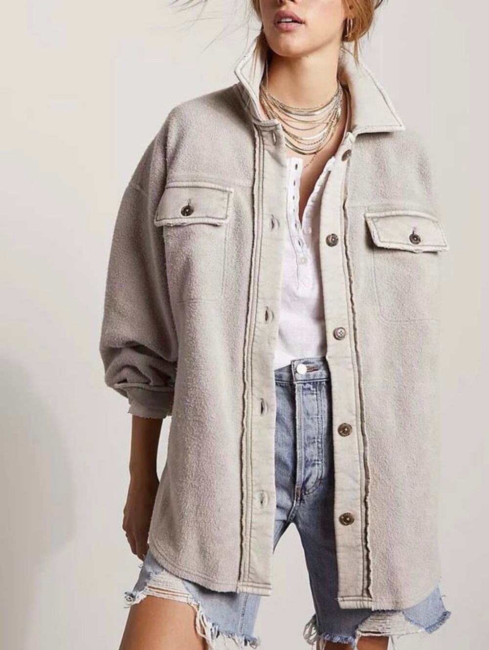 Free People Ruby Fleece Oversized Jacket Shacket in Stone XL